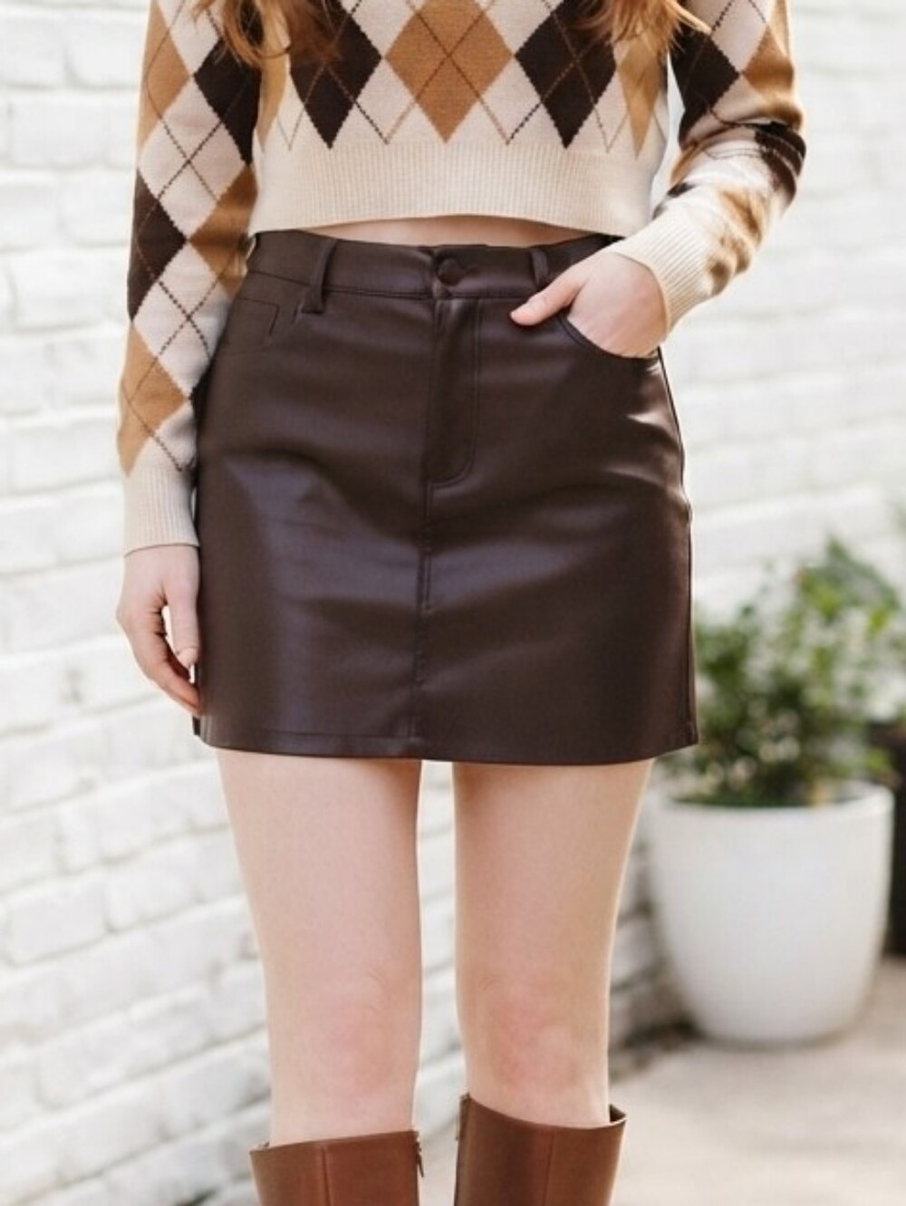 90s Minimalist Espresso Brown Faux Leather Mini Skirt  | Quiet Luxury Autumn